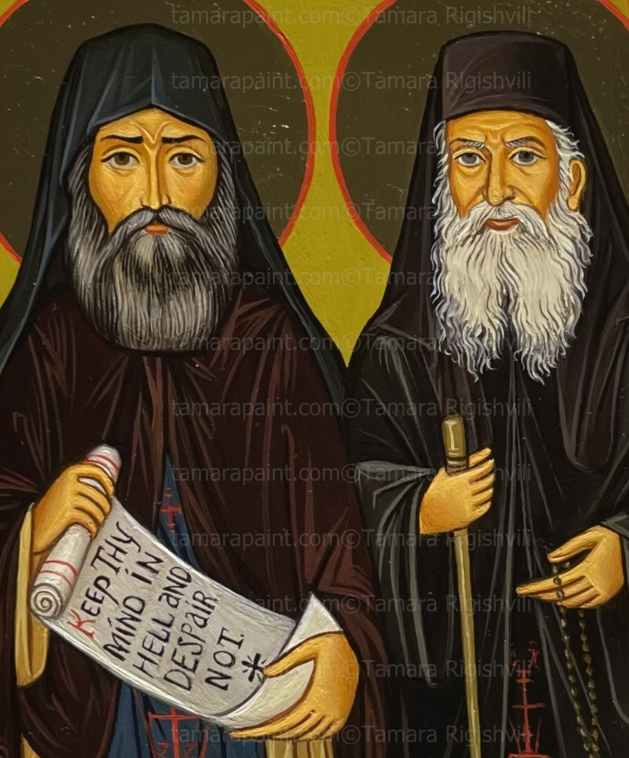 An ardent ascetic, ST. Syluan received the grace of unceasing prayer and saw Christ in a vision in Cave Chapel of Saint Silouan the Athonite in Meteora, Saint Porphyrios  died on December 2, 1991, in the holy skete of Kavsokalyvia,  original icon painting by artist Tamara Rigishvili